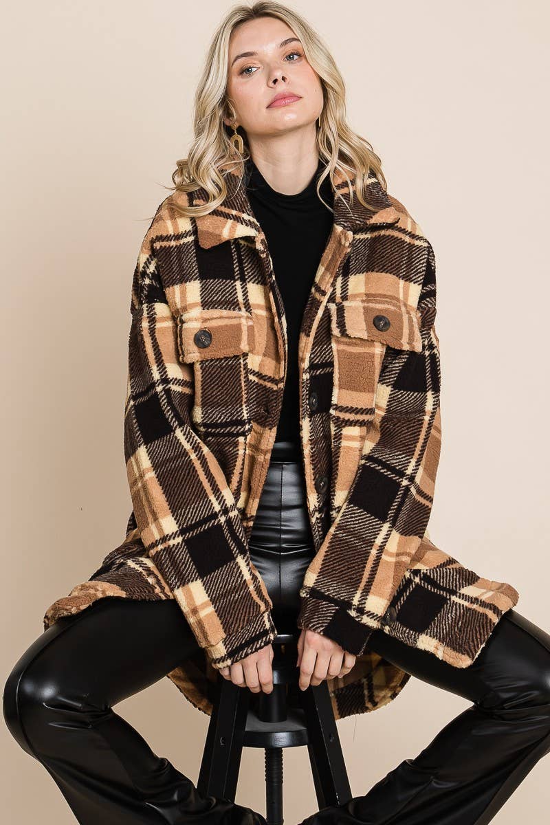BNS - Wholesale Shirt Jacket/Shacket - Women's - Plaid Print Drop Shoulder Teddy Shacket w/Pockets0