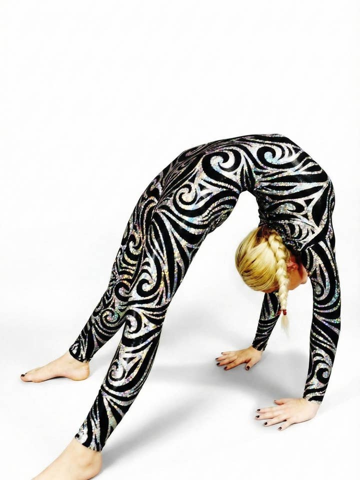 Jester Print Catsuit Full Body Costume, Jumpsuit with Headpiece Gloves and Socks, Colorful Spandex Performance Wear, UV Glow Fabric for wholesale by Kikimora Fashion