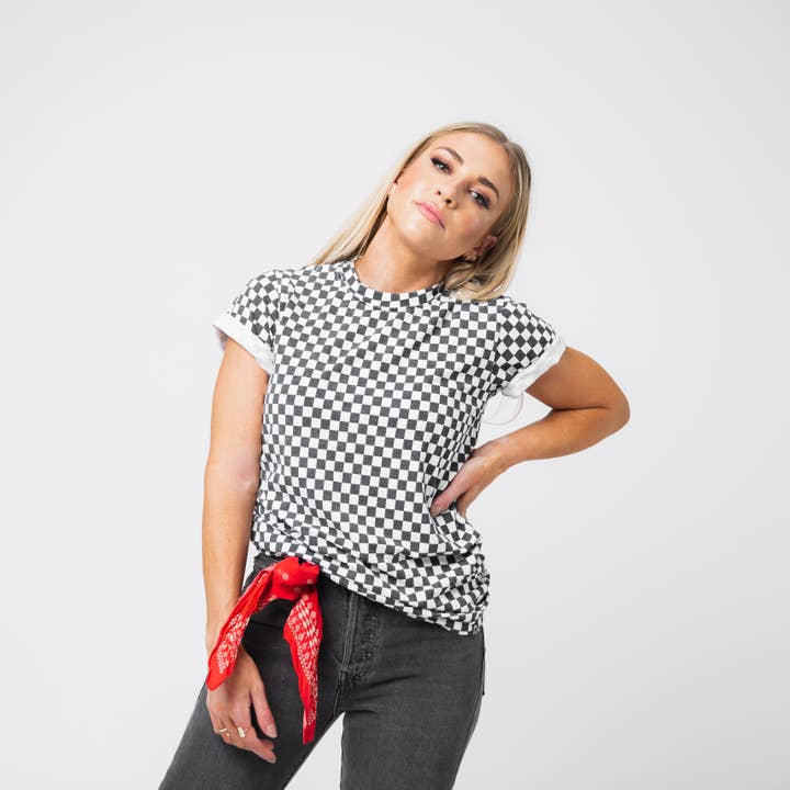 RAGS - Wholesale T-shirt – women's - Adult Unisex Tee - Black & White Mini Check1