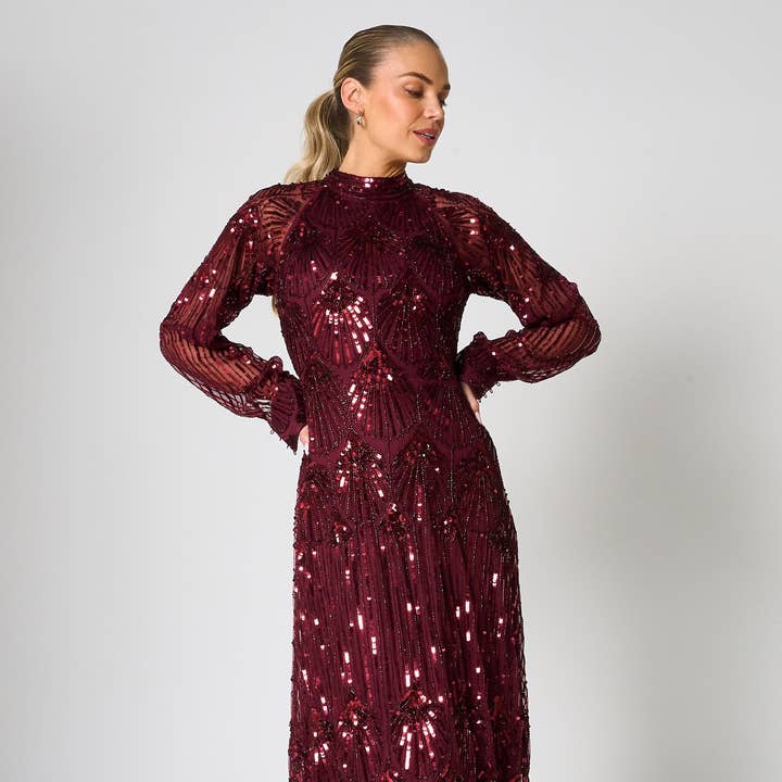 Maxine Burgundy Embellished Maxi Dress for wholesale by Frock & Frill