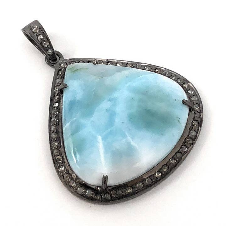Larimar hänge, Ädelsten hänge, Diamant hänge, Sterling Silver Ädelsten Larimar Pave Diamond hänge, 44.45x31.75mm för wholesale av Akstar Gems