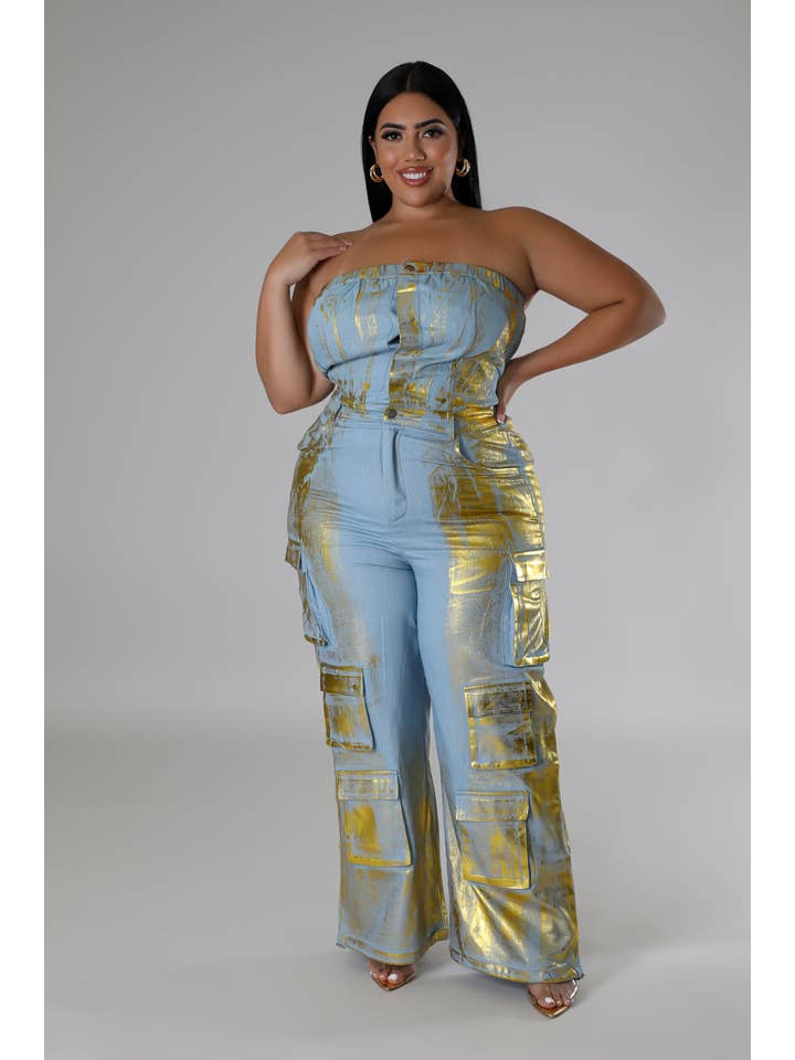 5besties inc – wholesale Jumpsuit - Dam – Jeansjumpover utan axelband med folieprint2