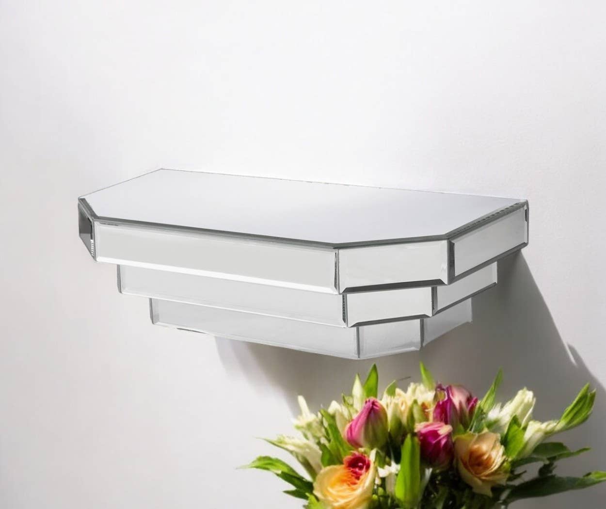 HomeRoots - Wholesale Wall Mounted Shelf - 16" Silver Mirrored Glass Hanging Dimensional Floating Shelf0