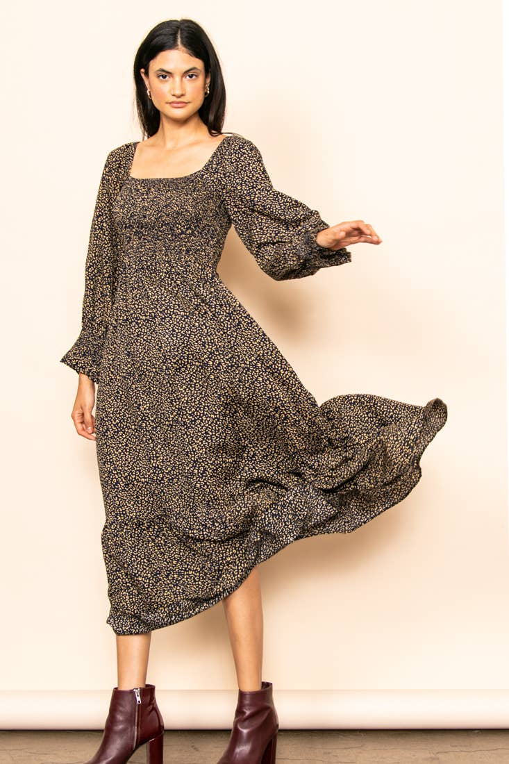 Elloh Collection - Wholesale Dress - Women's - Flowy Leopard Print Square Neck Smocked Maxi Dress w Pockets6