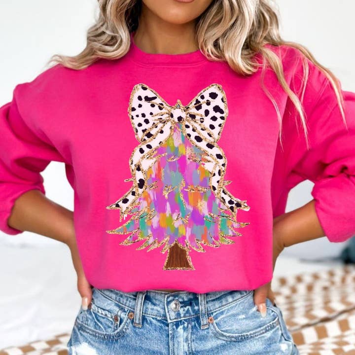 Texas Twisted Wholesale - Wholesale Graphic sweatshirt – Women’s - Christmas Tree Pastel Water Color Coquette Sweatshirt4