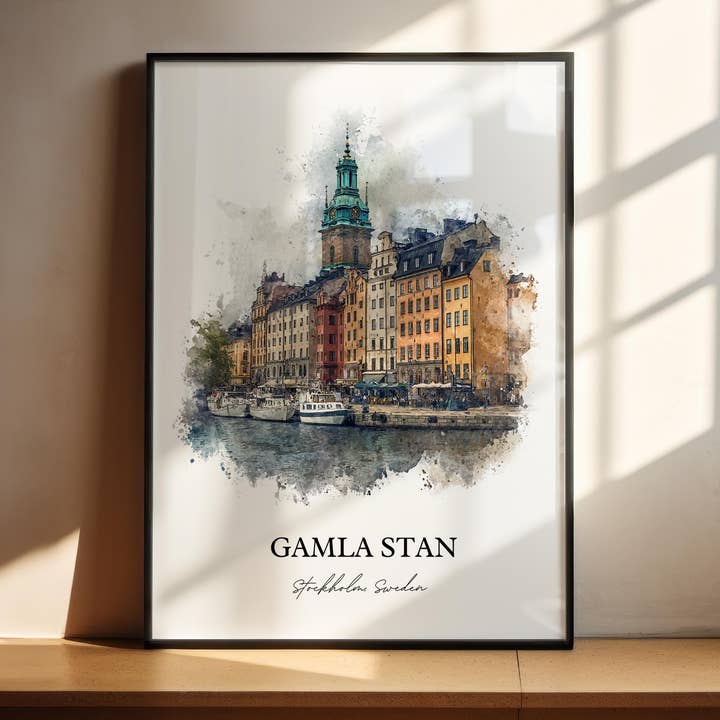 Gamla Stan Muurkunst, Stockholm Print, Stockholm Aquarel Kunst, Stockholm Zweden Cadeau, Zweden Reizen Print, Reizen Poster, Inwijdingscadeau voor wholesale door Premium Travel Art