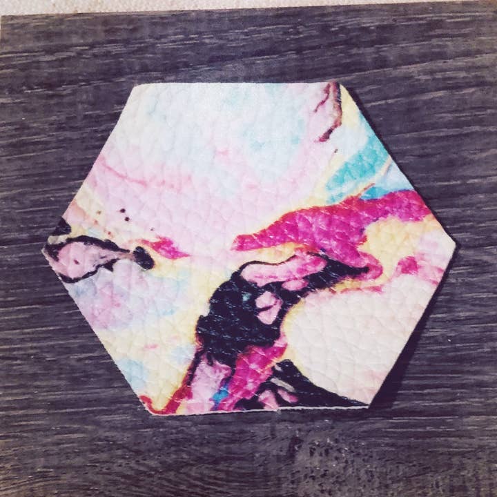 Hexagon abstract leather + wood coasters for wholesale by JAG/ged Edge Jewelry