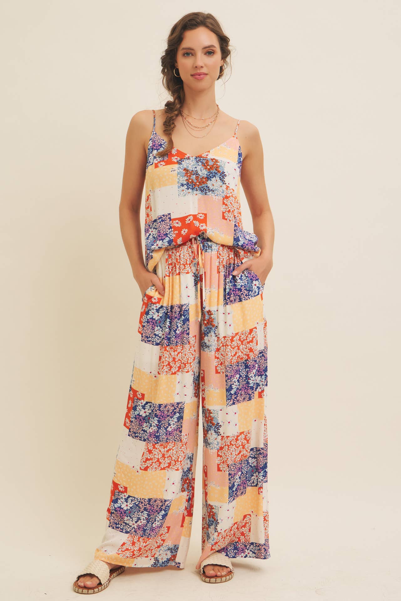 DENIM MULTI SOFT RAYON GAUZE FLORAL PATCHWORK WIDE LEG PANTS WITH POCKET for wholesale on Faire9