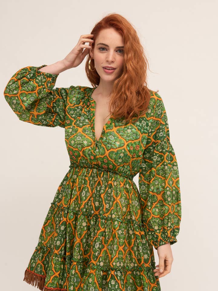 VESTIDO CORTO 100% ALGODÓN, ESTAMPADO CON FLECOS para venta al por mayor de Nats Store