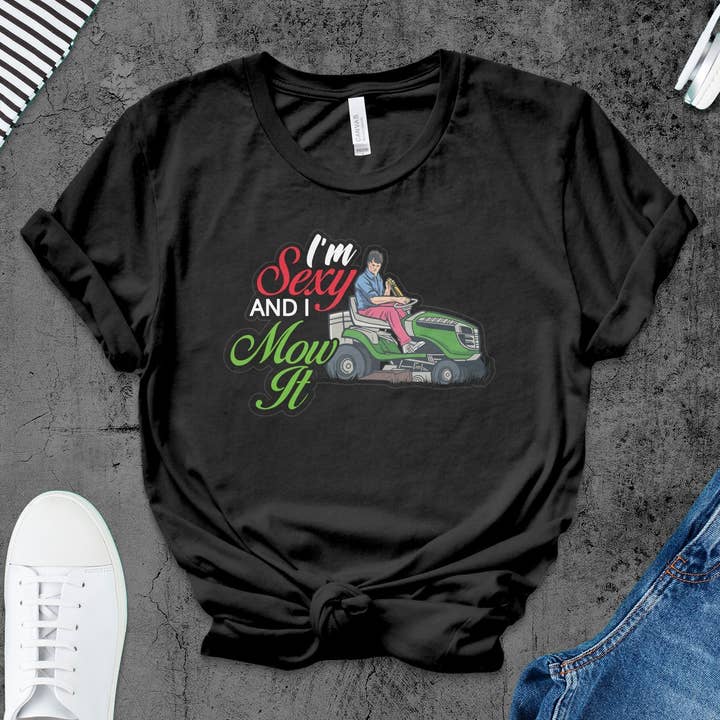 Funny Lawn Mowing Shirt, I'm Sexy and I Mow It Tee, Landscaping Humor, Gardening Gift, Lawn Care Novelty T-Shirt, Unisex Mower Graphic Tee for wholesale by FreakyTeeFactory