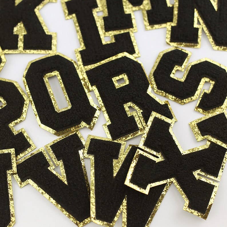 Black Chenille Iron On Gold Glitter Letter Patches for wholesale on Faire0