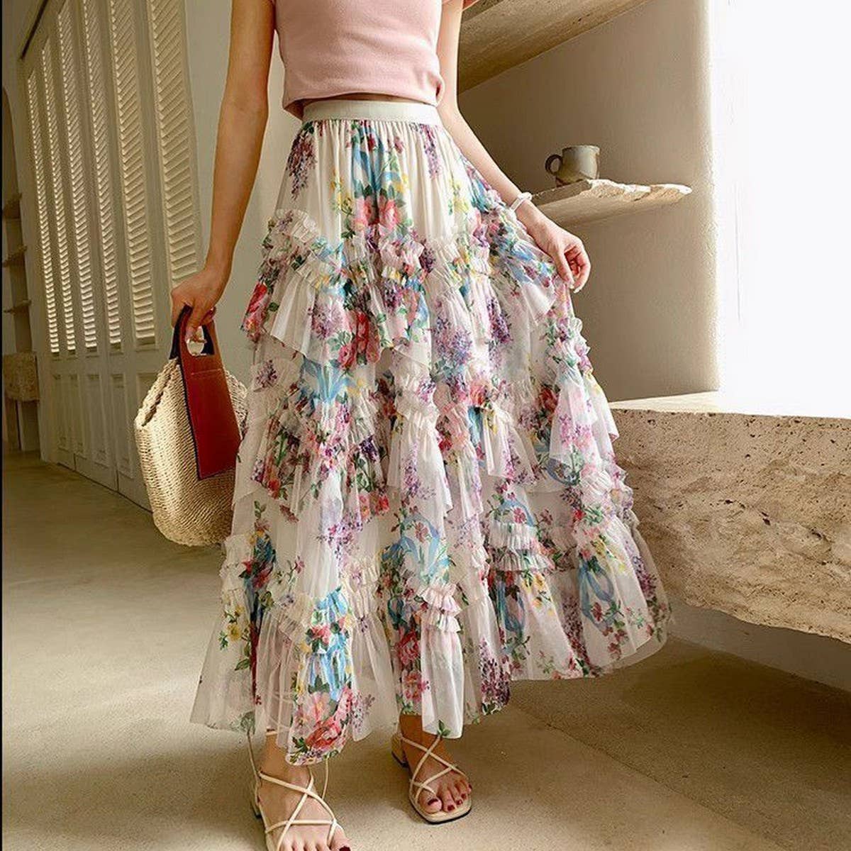 ACCITY - Wholesale Skirt - Women's - COLORFUL FLORAL MESH PRINT PLEATED TULLE SKIRT_CWBLS039927