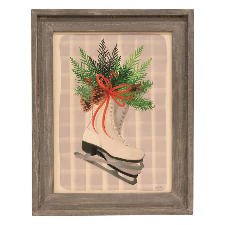 Ice Skates Gray Wood Framed Sign for wholesale by The Hearthside Collection