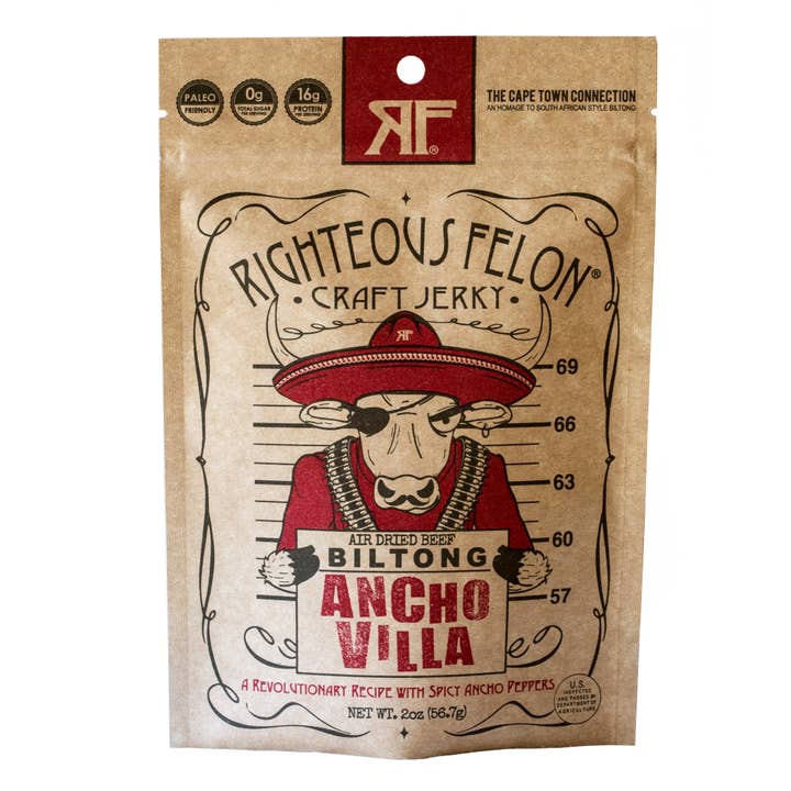 Righteous Felon Craft Jerky - Wholesale Jerky - Ancho Villa Biltong 2oz