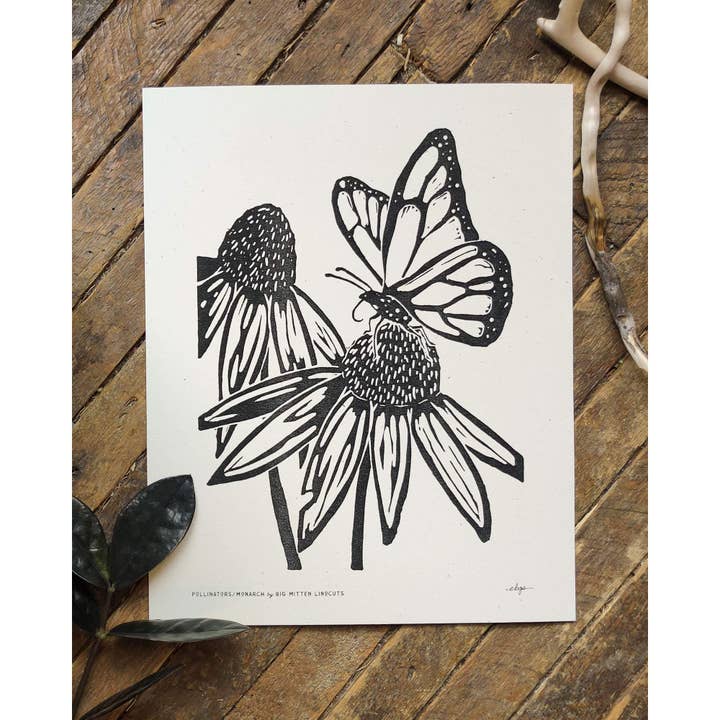 Pollinators Monarch Linoprint for wholesale by Big Mitten Linocuts