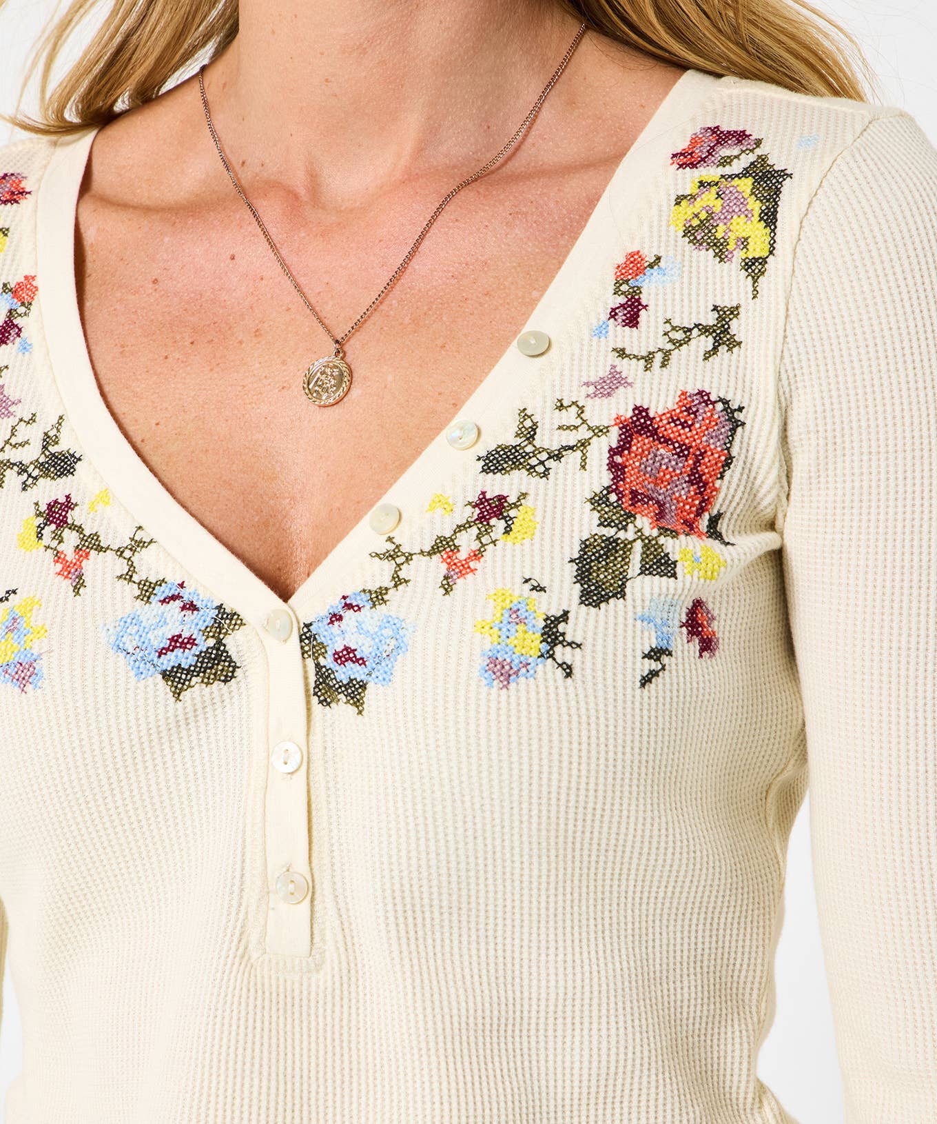 Cream Exquisite Embroidered Henley Top for wholesale on Faire3