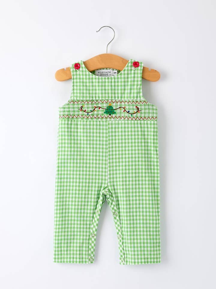 Christmas Tree Smocked Baby Romper with Green Plaid for wholesale by Rylee Faith Designs