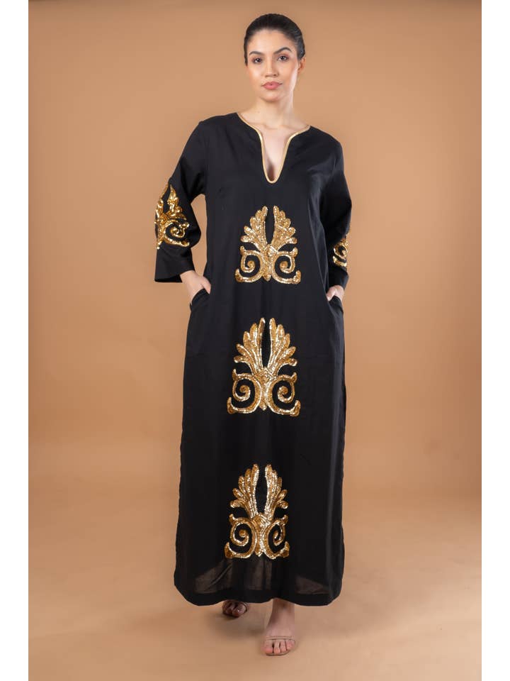 Anannasa Lifestyle - Wholesale Dress – Women's - VICKY SIMONE MAXI DRESS BLACK GOLD SEQUINS4