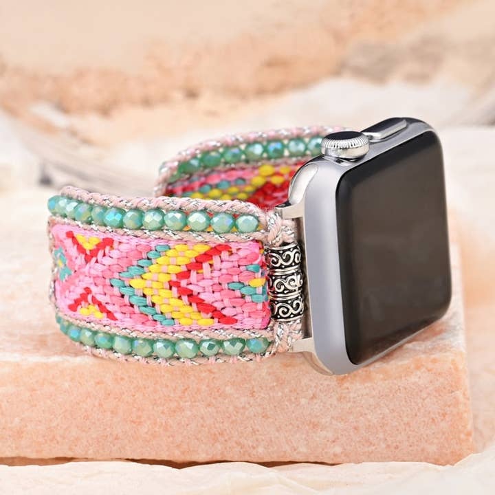 Roze gevlochten nylon boho-band voor Apple Watch voor dames voor wholesale door Free Spirit Shop