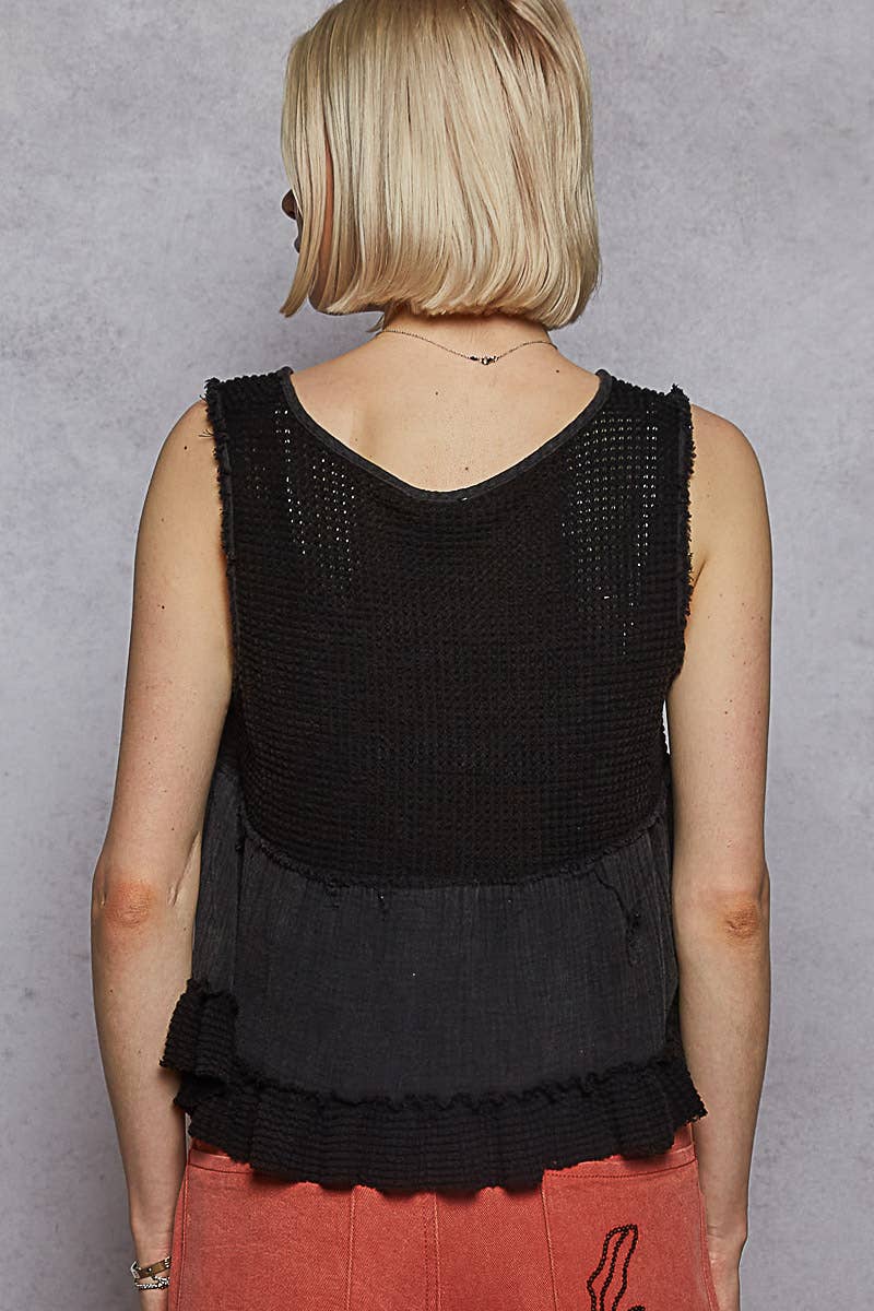 Pol Clothing - Wholesale Knit Top - Women's - Sleeveless contrast thermal cropped babydoll top SALE26