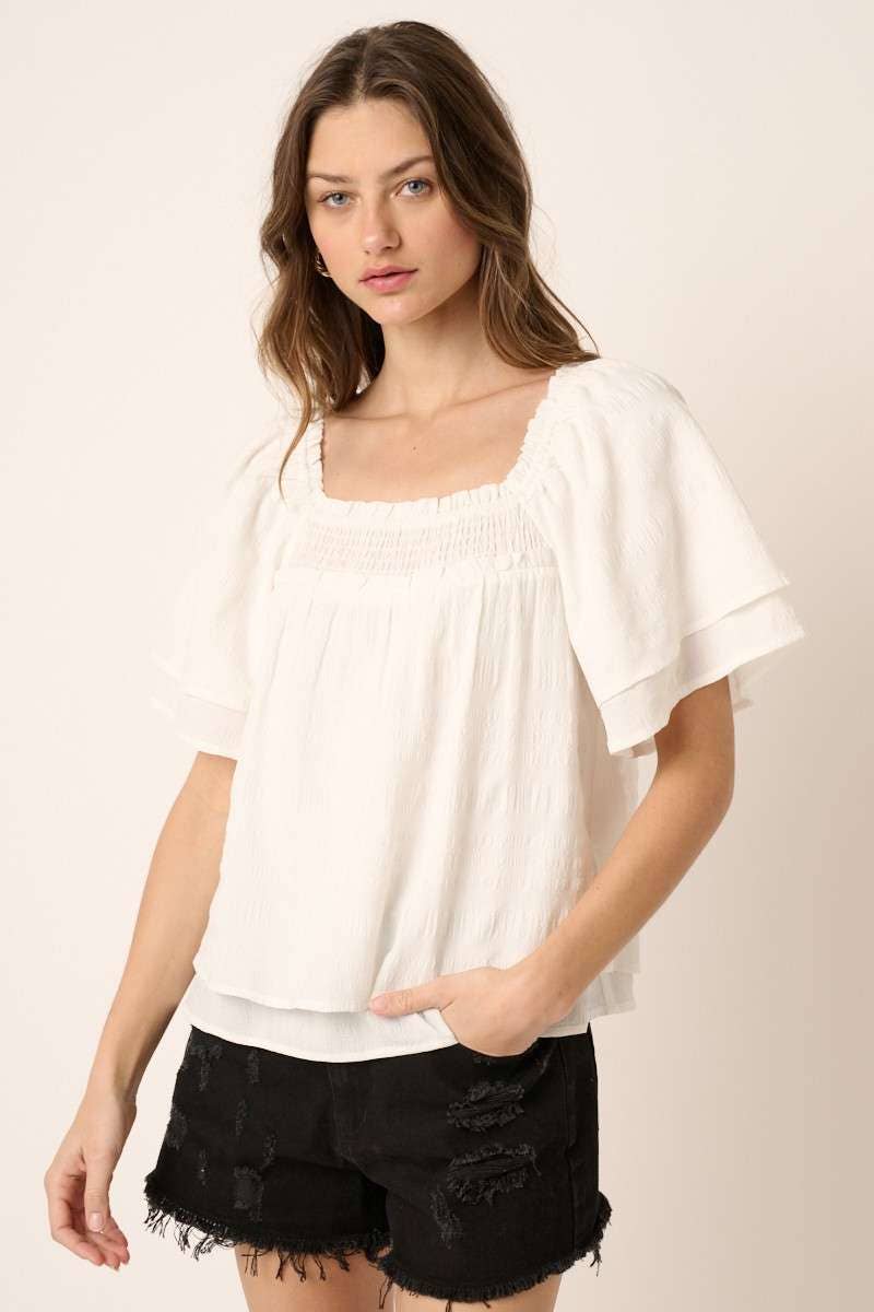 mittoshop - Wholesale Blouse - Women's - H14894-TEXTURE SMOCKED FLUTTER SLEEVE BLOUSE2