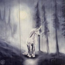 Moonlight Misty Unicorn Træ Print for engroshandel hos Art For The Young At Heart