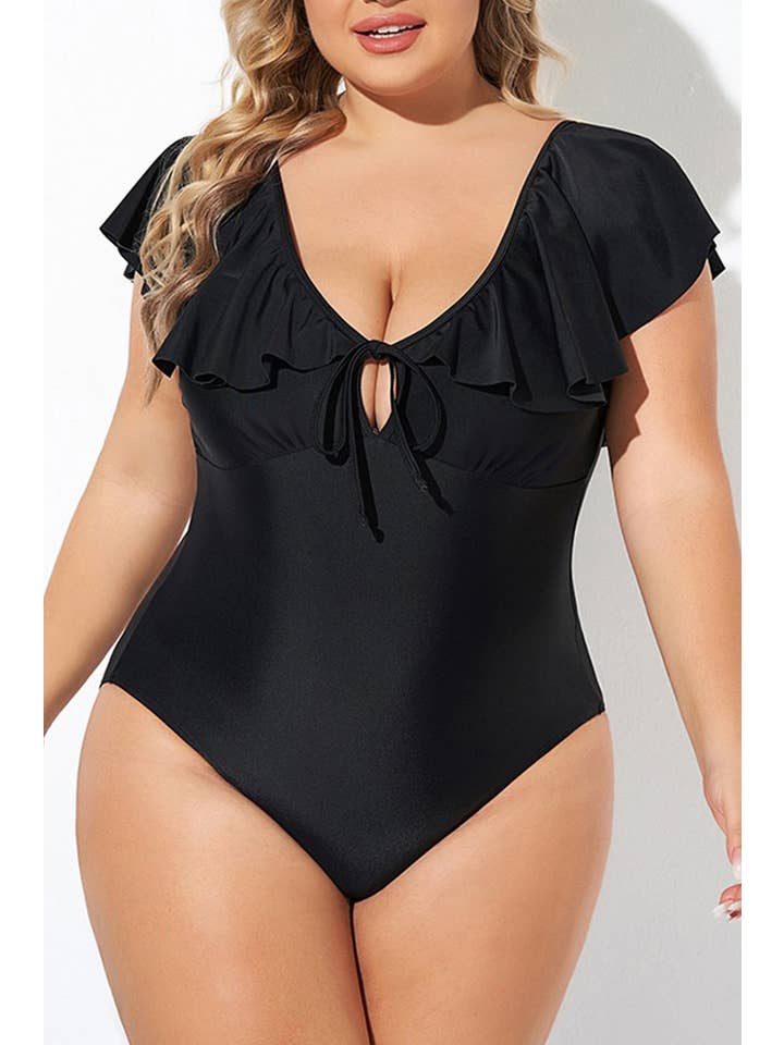Black Plus Size Ruffle Sleeve One Piece Swimsuit for wholesale on Faire