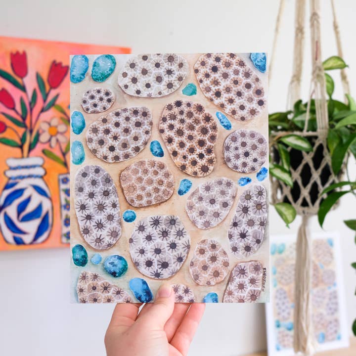 Petoskey Stones & Leland Blue Watercolor Print for wholesale by Echo Foxx