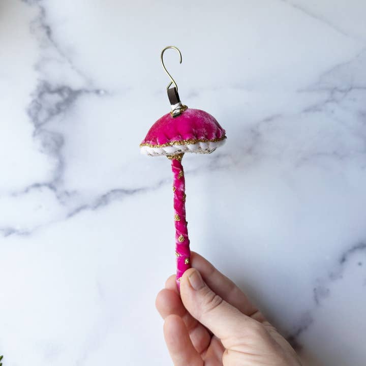 Ophilya Handmade - Vendita all'ingrosso Decorazione - Ornamento a forma di fungo con glitter - Velluto rosa acceso1