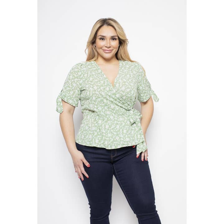 PLUS SIZE FLORAL PRINT SURPLICE WRAP BLOUSE for wholesale by Curve Market
