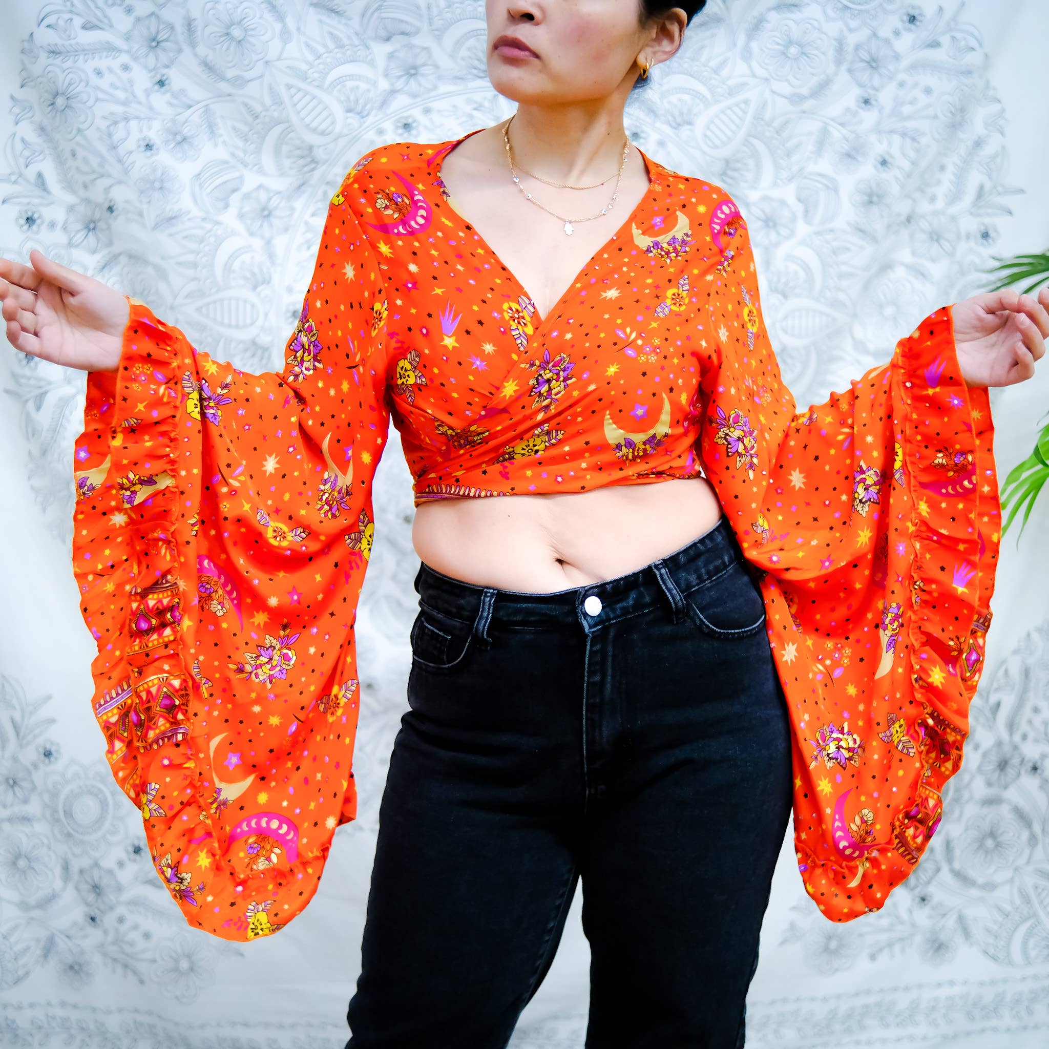 Karma Nepal Crafts - Wholesale Blouse - Women's - Bohemian Celestial Style Bell Sleeve Wrap Top with Ruffle11