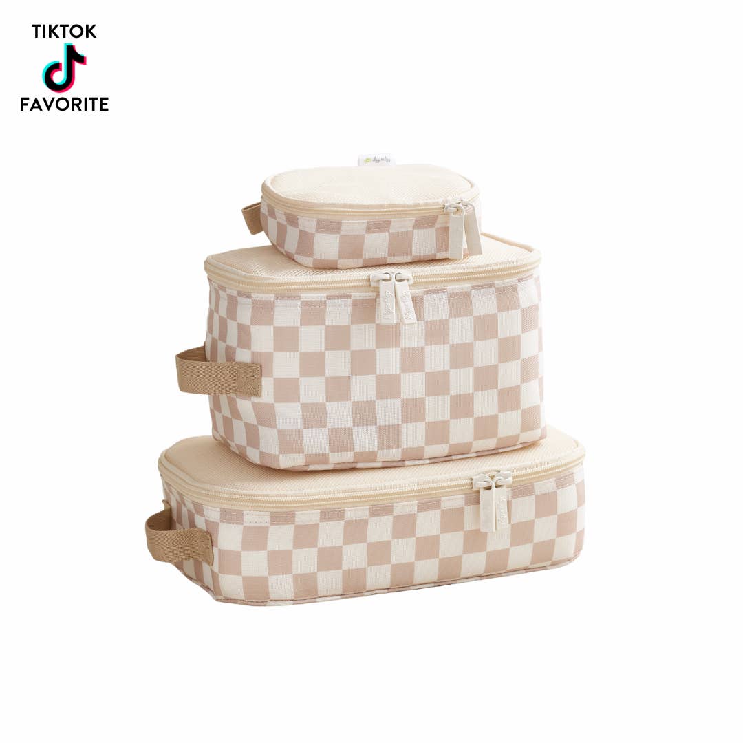 Itzy Ritzy - Wholesale Packing Cube - Taupe Checkerboard Pack Like a Boss™ Packing Cubes