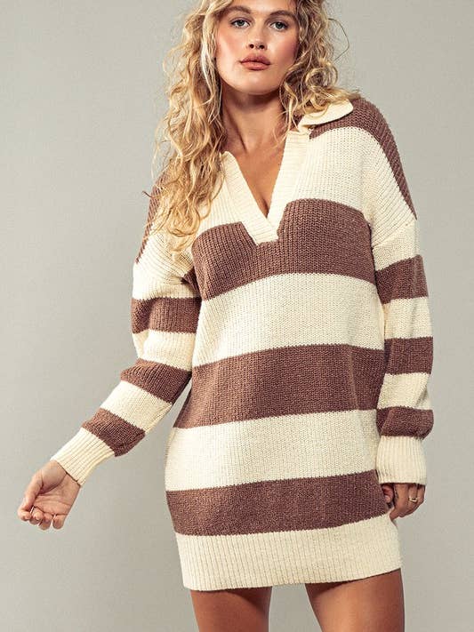 Urban Daizy - Wholesale Dress - Women's - Sweet Collared Striped Mini Sweater Dress