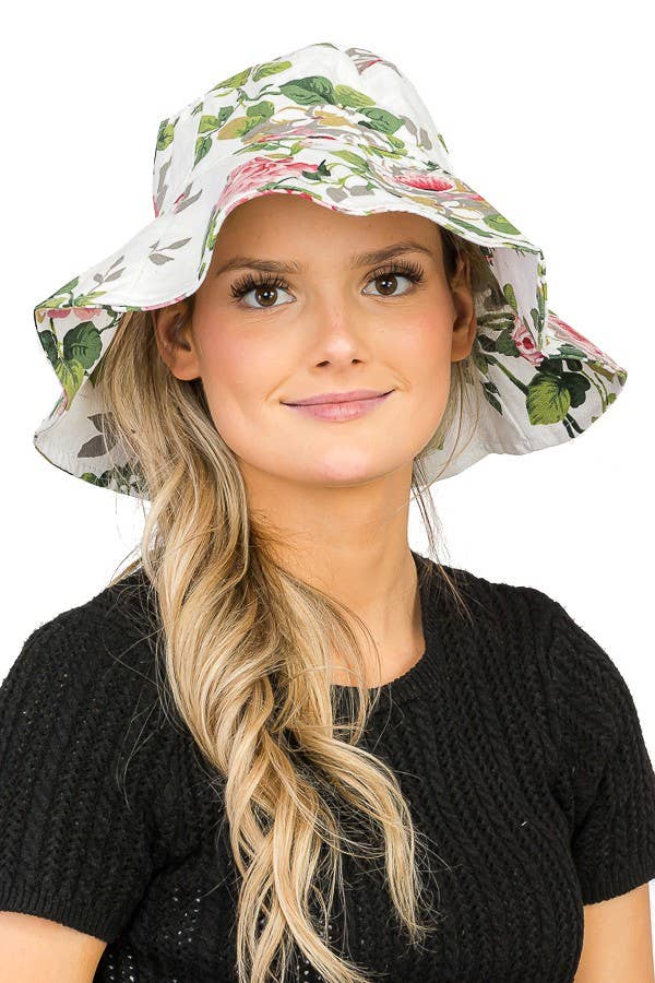 Cap Zone – Engroshandel Bucket hat - Dame – Solhat med stort skyggefelt i bucket-stil med blomsterdesign på begge sider4