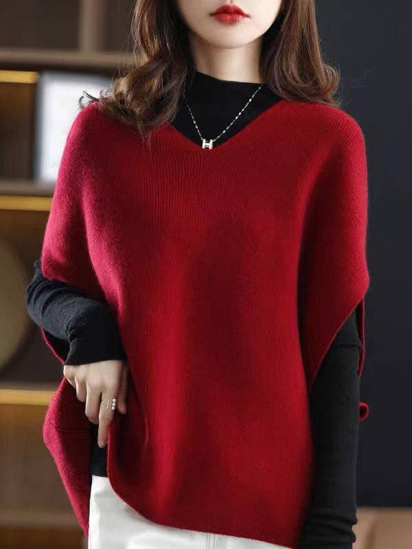 Plush Looks – wholesale Väst - Dam – Avslappnad ärmlös lös enfärgad V-ringad västtopp0