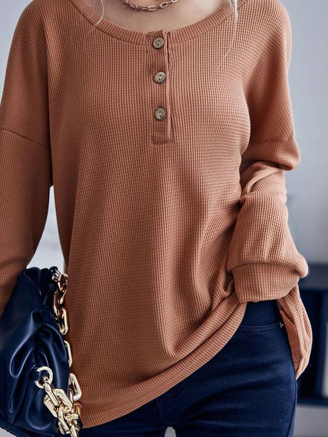 Brown Button Down Waffle Knit Long Sleeves Top BFZY093 for wholesale by UNISHE