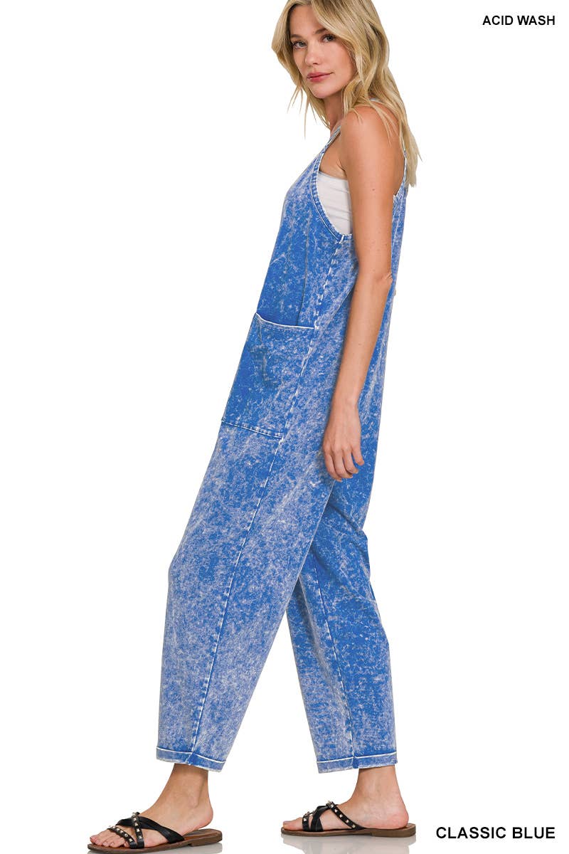 42POPS – wholesale Overaller - Dam – Tvättade hängselbyxor med spaghetti-band och fickor4