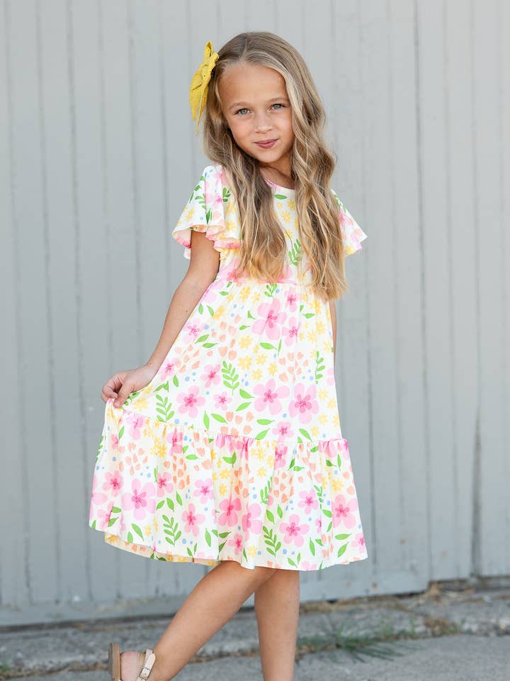 Girls Emma Dainty Spring Floral Flutter Sleeve Twirl Dress for wholesale by Oopsie Daisy