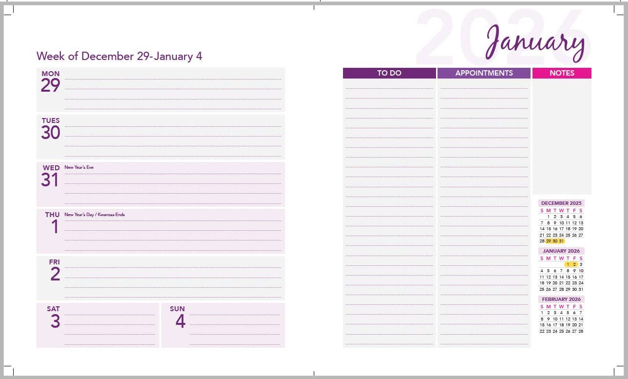 RE-FOCUS THE CREATIVE OFFICE - Wholesale Calendar - 2026 ANNUAL CALENDAR BUNDLE!  3 PACK, One each of Black, White, and Purple3