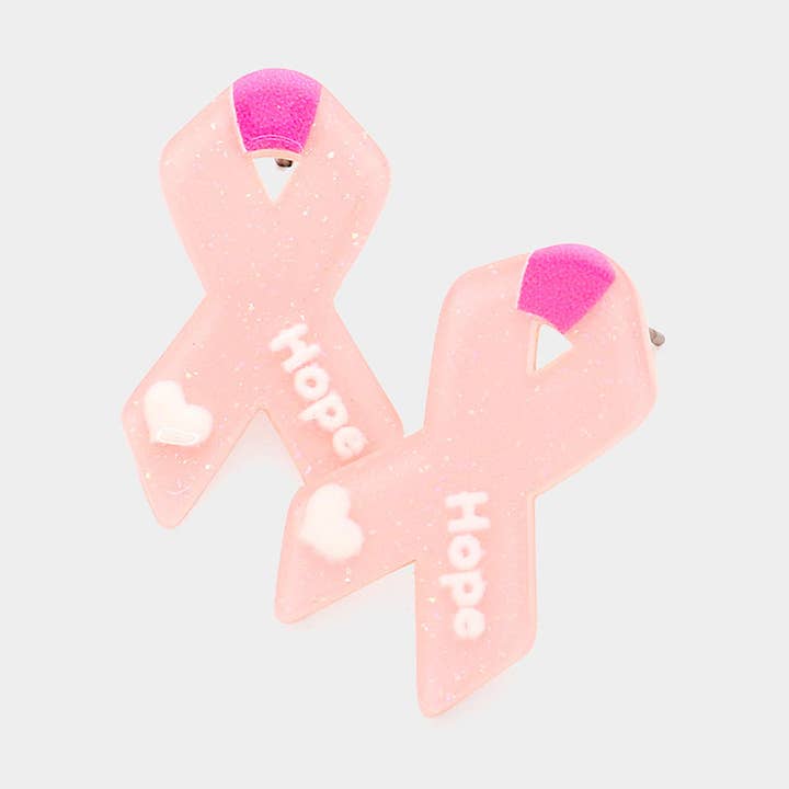 Hope Message Glittered Pink Ribbon Stud Earrings for wholesale by Sensibling Corp.