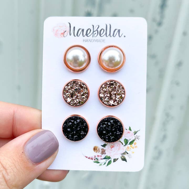 3 Pack Stud Earring Set Pearl & Druzy for wholesale by Hazel Hill ~MaeBella~