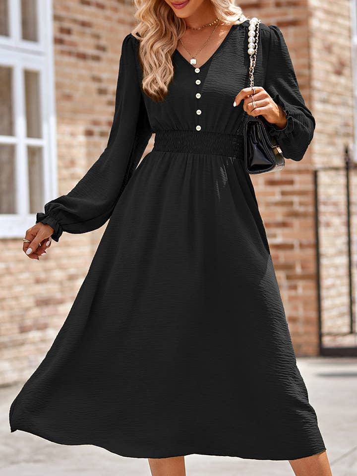 Vneck solid midi dress with a nipped-in waist for wholesale by HIDDENBRAND