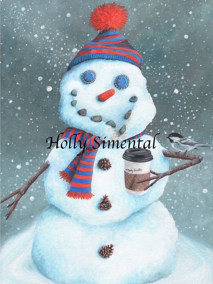 Snowman Coffee Whimsical Poster by Holly Simental for wholesale by Holly Simental