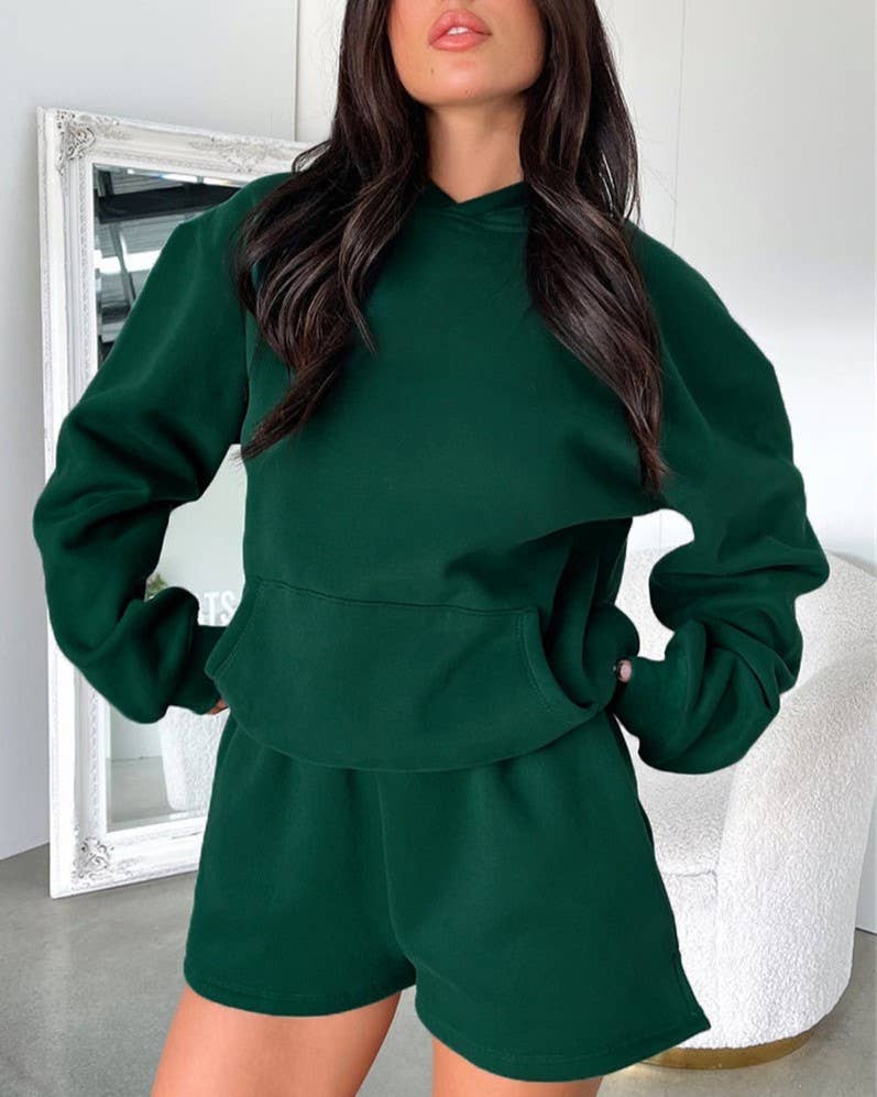 HIDDENBRAND - Wholesale Lounge Set - Women's - basic pocket hoodie &  drawstring short set outfits24