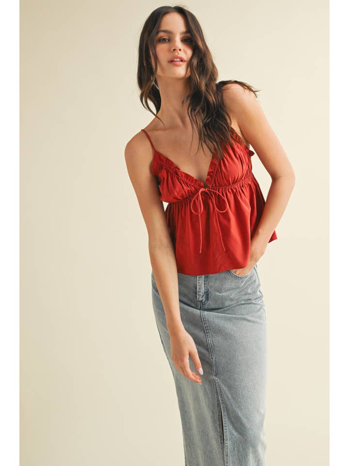 Mustard Seed - Wholesale Blouse - Women's - ELASTIC RUFFLE V NECK TIED CAMI TOP