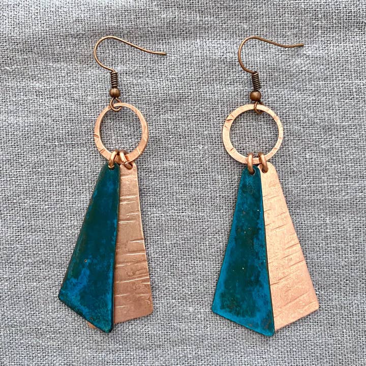 Textured Copper Hoop & Suspended Triangle Pendant Earring for wholesale by Kaleya
