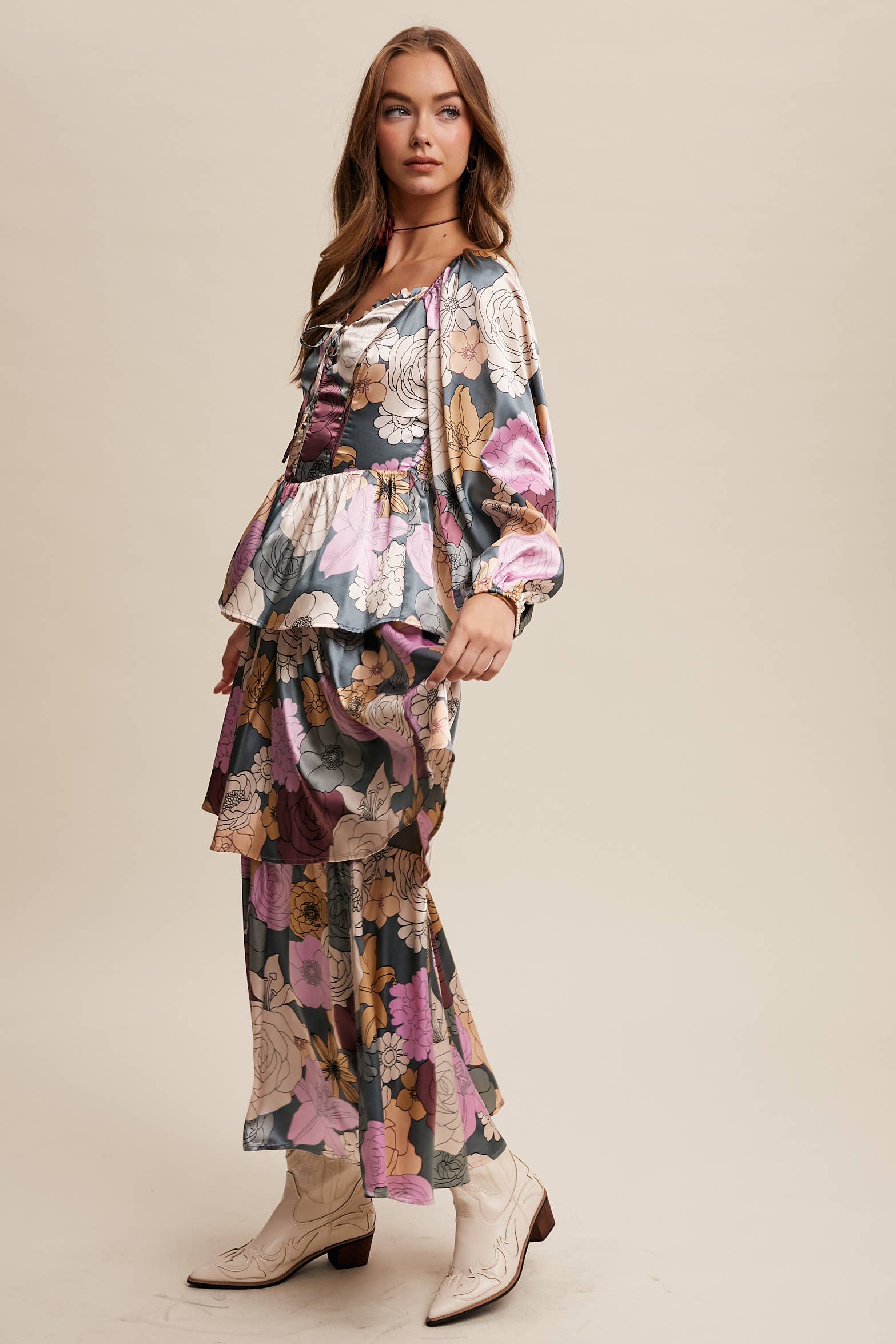 Listicle - Wholesale Dress - Women's - Floral Lace-Up Tiered Maxi Dress LD14489