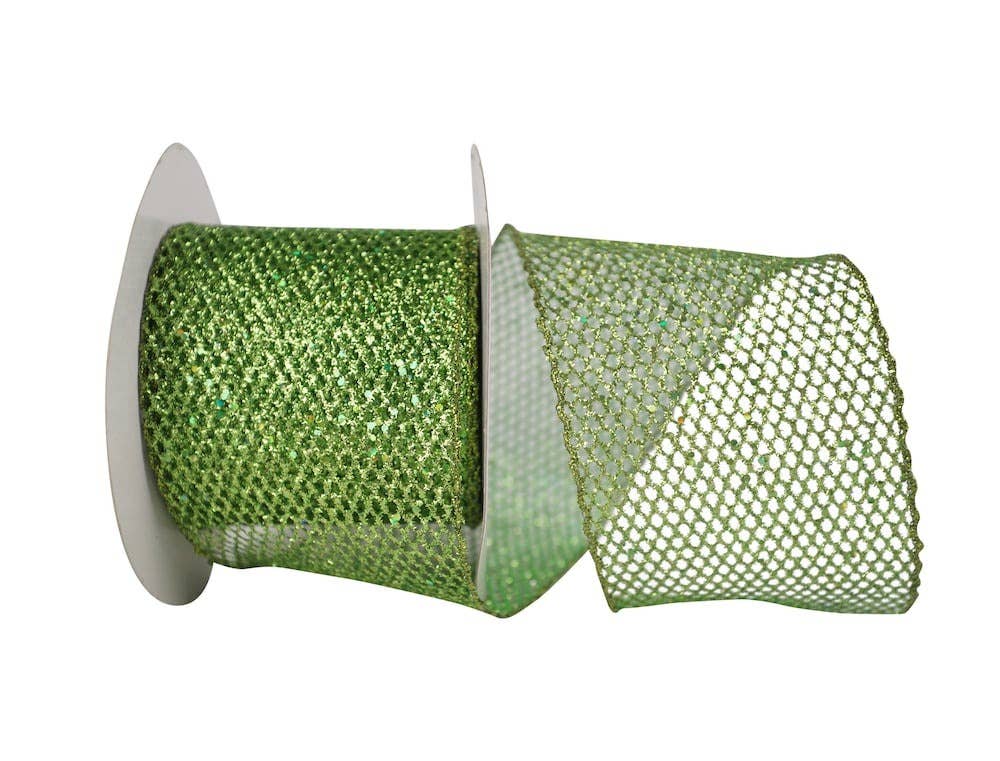RELIANT RIBBON - Wholesale Ribbon - Gift Wrapping - 4 inch Grand Net Glitter Wired Edge - Emerald 5100