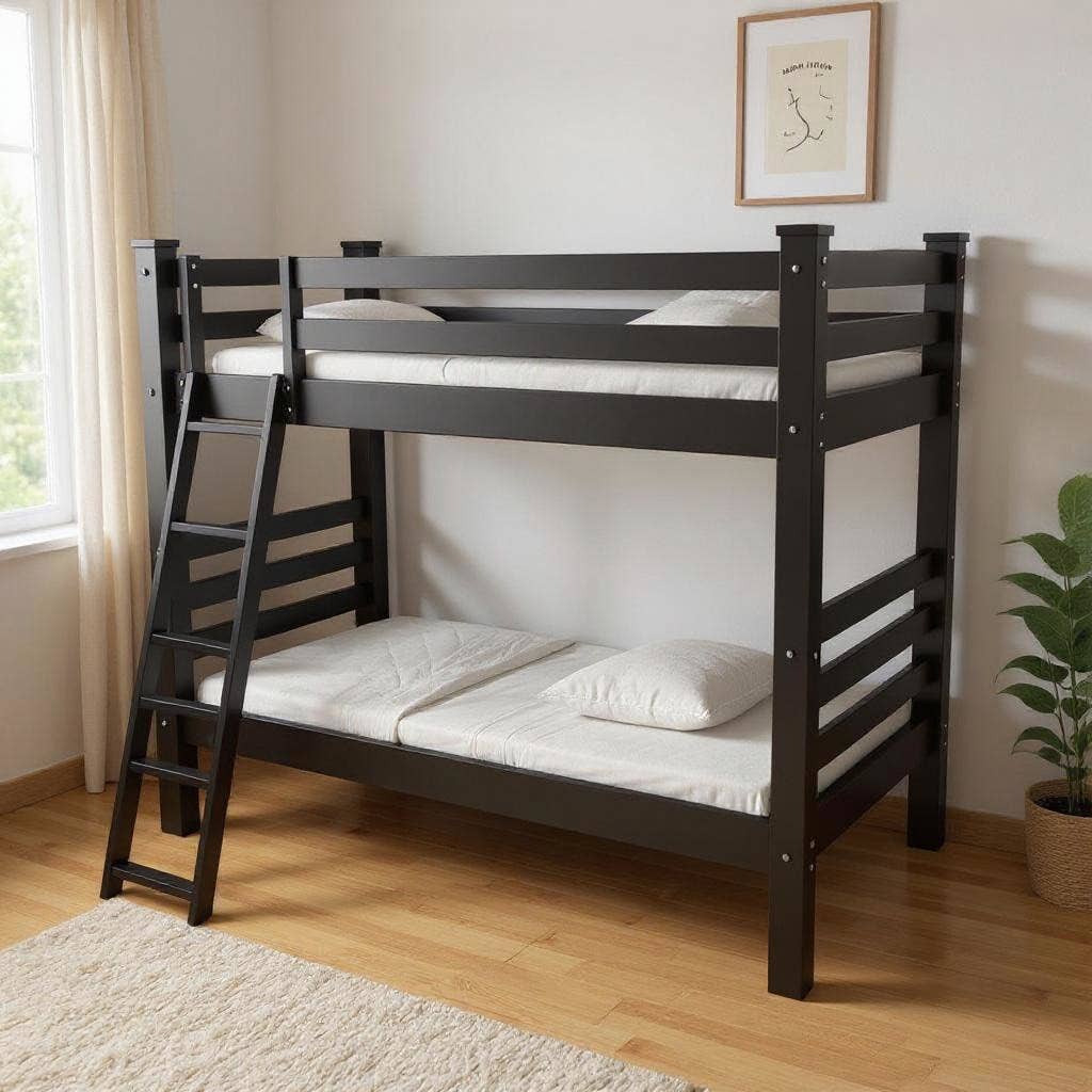 HomeRoots – wholesale Bed – Black Twin Over Twin Solid Wood Bunk Bed1