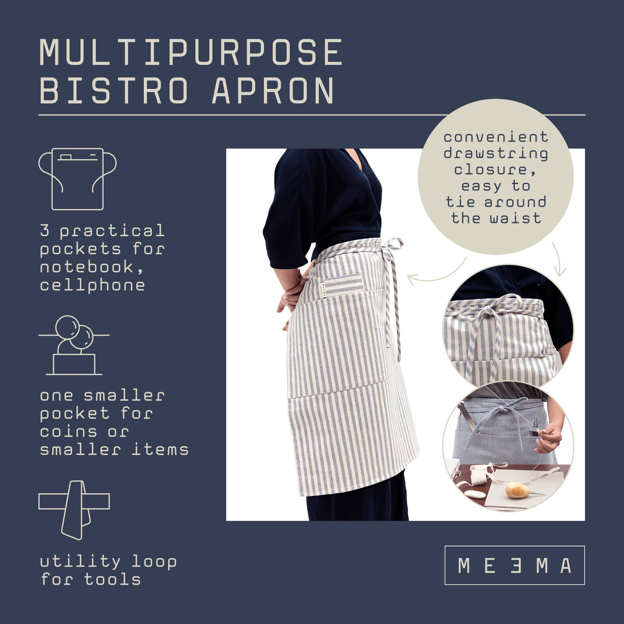 MEEMA - Wholesale Apron - Striped Cotton Bistro Apron – Server, Barista & FOH Use10